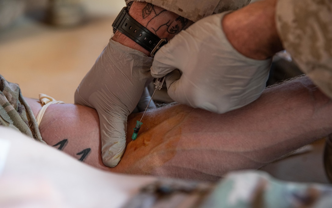 A Navy Sailor assigned to Bravo Company, Battalion Landing Team 1/1, 11th Marine Expeditionary Unit (MEU) places an intravenous line in a simulated casualty during a casualty evacuation exercise at Camp Buehring, Kuwait, Nov. 29. The 11th MEU and Essex Amphibious Ready Group are deployed to the U.S. 5th Fleet area of operations in support of naval operations to ensure maritime stability and security in the Central Region, connecting the Mediterranean and Pacific through the Western Indian Ocean and three strategic choke points. (U.S. Marine Corps photo by Sgt. Jennessa Davey/Released)