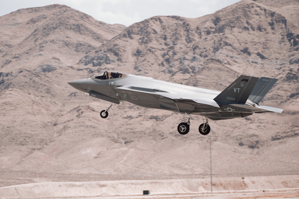 A F-35A Lightning II assigned to the 134th Fighter Squadron, Vermont Air National Guard, takes off for a training mission during Red Flag 21-3 at Nellis Air Force Base, Nevada, July 28, 2021. Red Flag was created to increase interoperability, leveraging common perspectives against shared threats. (U.S. Air National Guard photo by Tech. Sgt. Ryan Campbell)