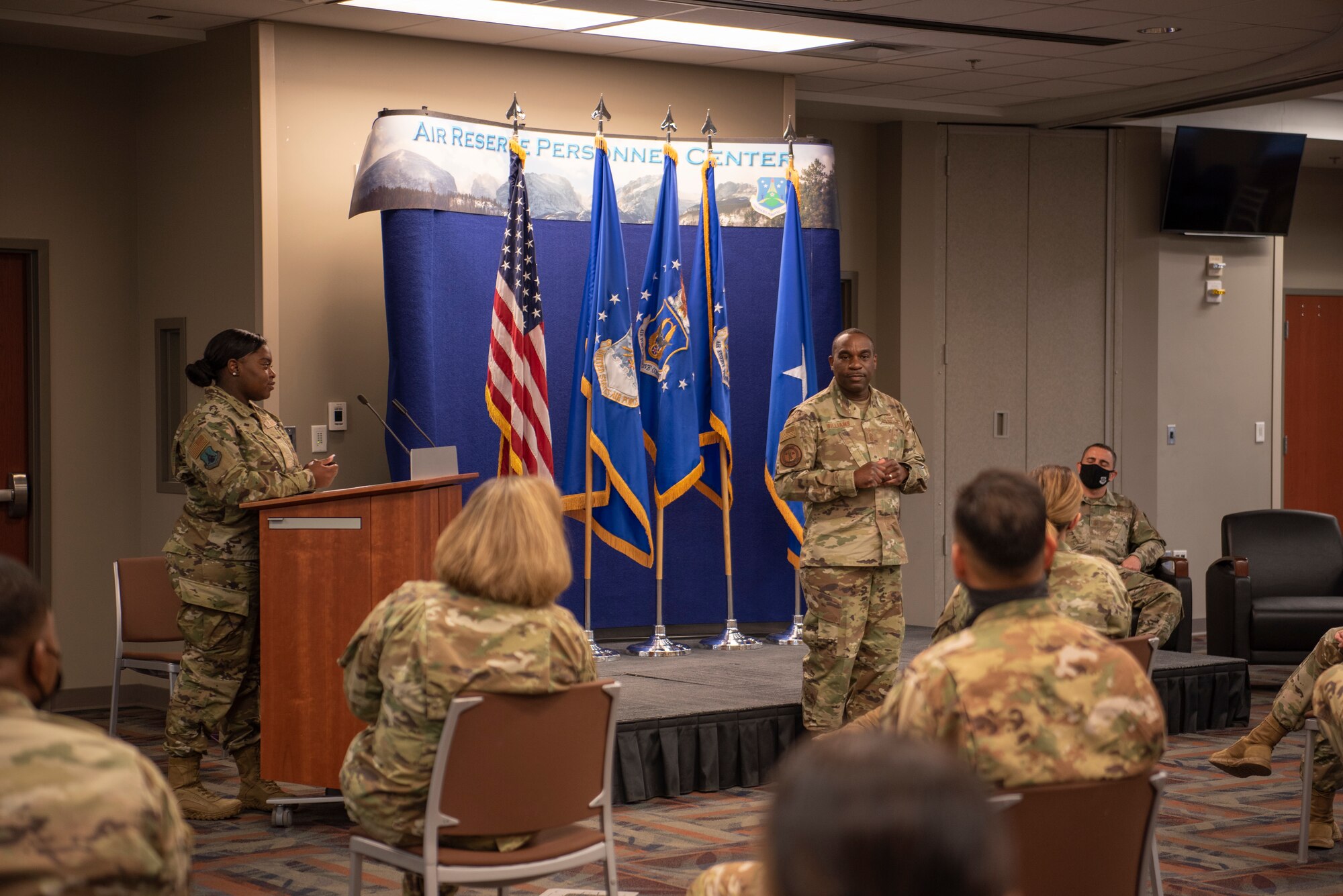 Command Chief Master Sergeant of the Air National Guard Maurice Williams speaks to members of Headquarters Air Reserve Personnel Center on Buckley Space Force Base, Colo., Dec. 15, 2021.