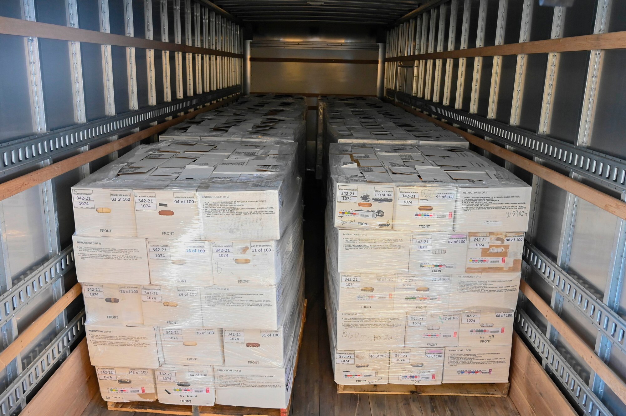 The Office of Special Investigations transported 16,999 closed case files from OSI headquarters, Quantico, Va., to the National Archive and Records Administration facility in Suitland, Md., Dec. 15-16, 2021. A total of 1,941 boxes were shipped in three box trucks and two cargo vans.  (U.S. Air Force photo by Staff Sgt. Joshua King, OSI/PA)