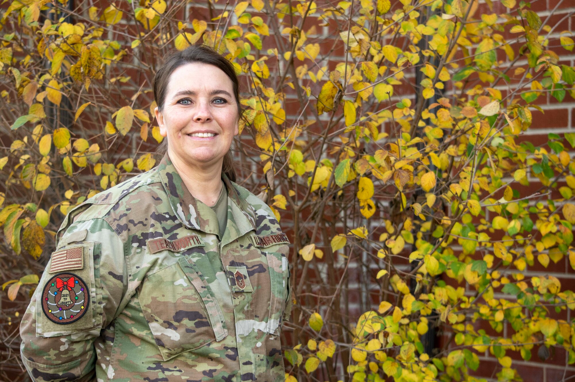 Chief Master Sgt. Dawn Teachworth, Village 1 senior enlisted leader poses for a photo in Liberty Village on Joint Base McGuire-Dix-Lakehurst, New Jersey, December 16, 2021