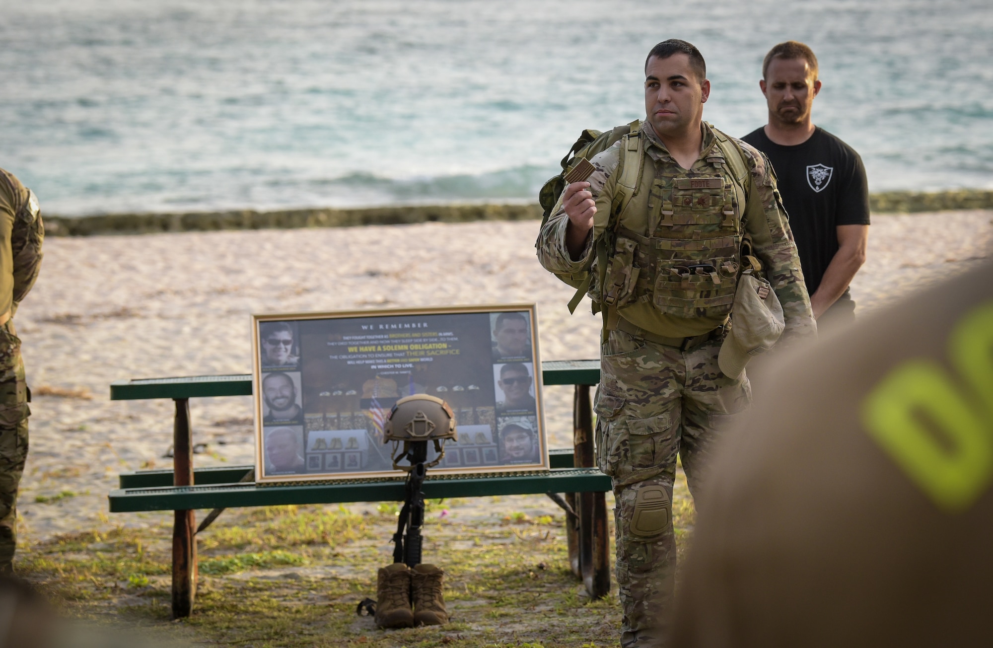 U.S. Air Force Maj.Dayne Foote, 36th Security Forces Squadron commander, give remarks during the annual Office of Special Investigations Memorial Ruck at Andersen Air Force Base, Guam, Dec. 21, 2021.