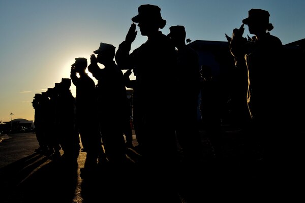 Marines stand in formation.