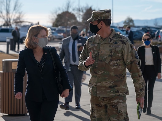 Dr. Kathleen Hicks, the Deputy Secretary of Defense is greeted by U.S. Space Force Brig Gen Todd Moore, Space Training and Readiness Command Deputy Commander during her recent visit to Space Training and Readiness Command Headquarters to observe SPACE FLAG 22-1 at Schriever Space Force Base, Colorado, Dec. 13, 2021. (U.S. Space Force photo by SSgt. Brittany Chase)