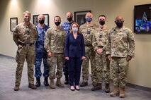 SPACE FLAG 22-1 senior leaders and distinguished visitors stand for a group photo with Dr. Kathleen Hicks, the Deputy Secretary of Defense at Schriever Space Force Base, Colorado, Dec. 13, 2021. From left to right: Air Cdre JJ “Jez” Attridge, UK, Air Cdre Nicholas Hogan, Director General Space Domain Review, AUS, Brig Gen Todd Moore, Deputy Commander, STARCOM, John Haly, Air and Space Attache  AUS, Dr. Kathleen Hicks, the Deputy Secretary of Defense, Air Vice-Marshall Harvey “Harv” Smyth, Director Space UK, Air Vice-Marshall Paul Godfrey, Commander UK Space Command, Lt Col Albert Harris III, 392 Combat Training Squadron Commander.  (U.S. Space Force photo by Judi Tomich)