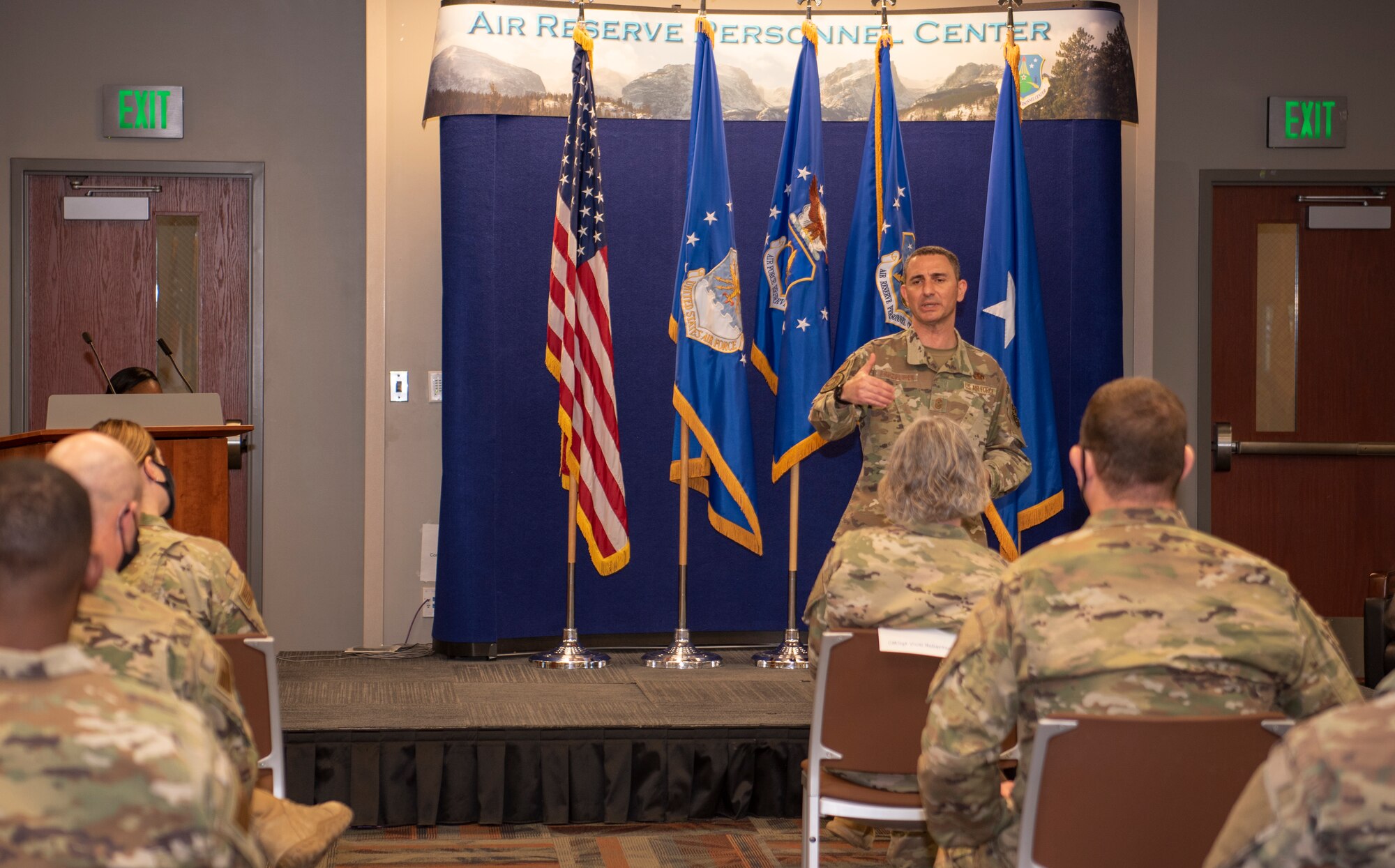 Command Chief Master Sergeant of Air Mobility Command  Brian Kruzelnick speaks to members of Headquarters Air Reserve Personnel Center on Buckley Space Force Base, Colo., Dec. 15, 2021.