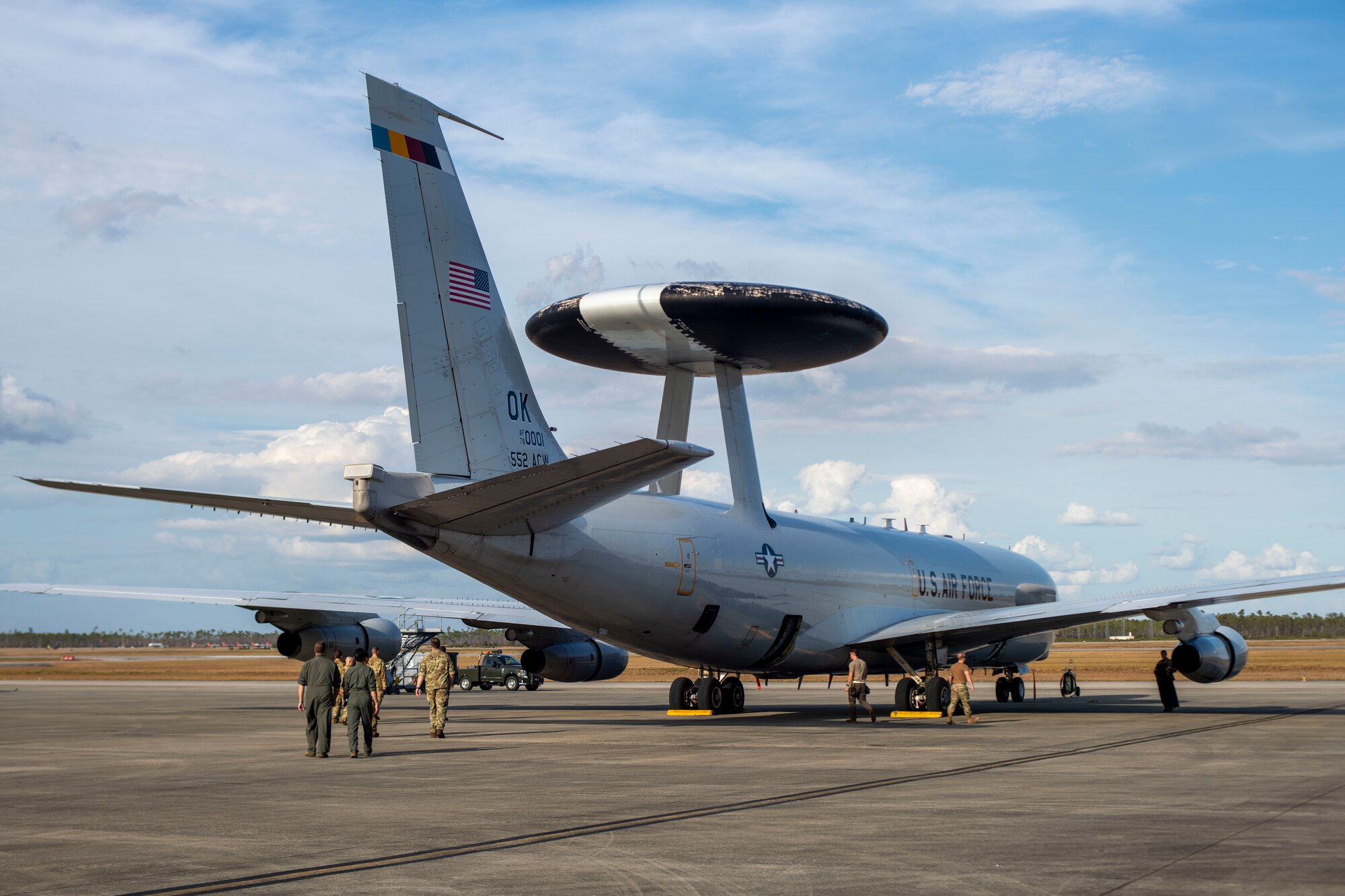 A U.S. Air Force E-3 Sentry assigned to the 964th Airborne Air Control Squadron, Tinker Air Force Base, Oklahoma, sits on the ramp at Tyndall AFB, Florida, Nov. 18, 2021, during Checkered Flag 22-1. Checkered Flag is a large-force aerial exercise held at Tyndall which fosters readiness and interoperability through the incorporation of fourth- and fifth-generation aircraft during air-to-air combat training. The 22-1 iteration of the exercise was held Nov. 8-19, 2021. (U.S. Air Force photo by Airman 1st Class Tiffany Price)