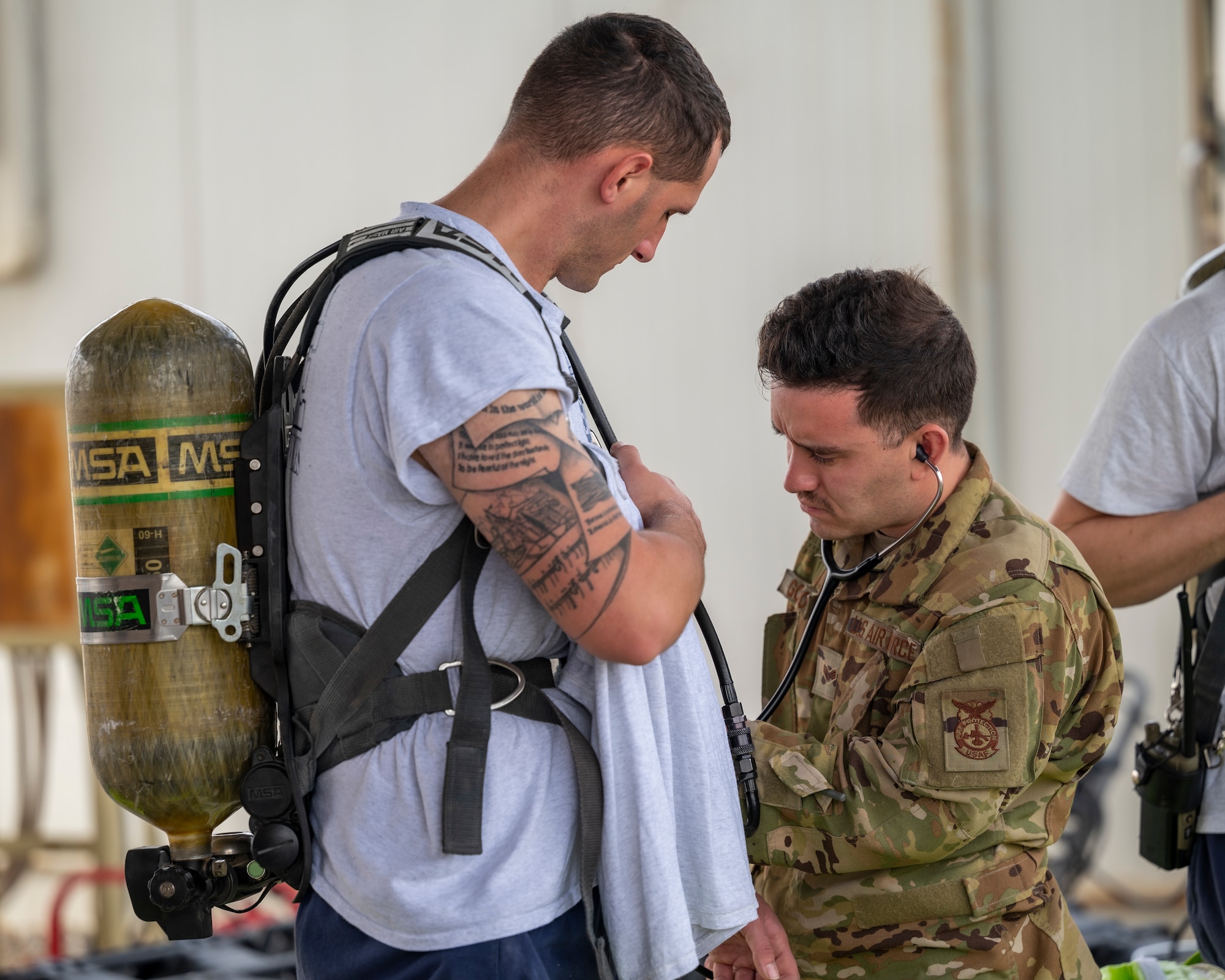 The 386th ECES Fire Department completed a practical exam for the Department of Defense HAZMAT Technician program which involved over 100 hours of instruction and 16 hours of hands-on training for each student.