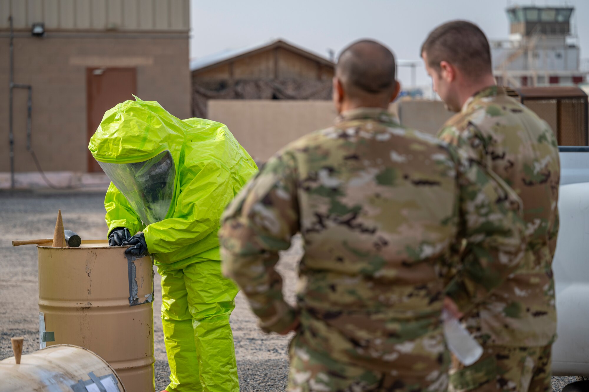 The 386th ECES Fire Department completed a practical exam for the Department of Defense HAZMAT Technician program which involved over 100 hours of instruction and 16 hours of hands-on training for each student.