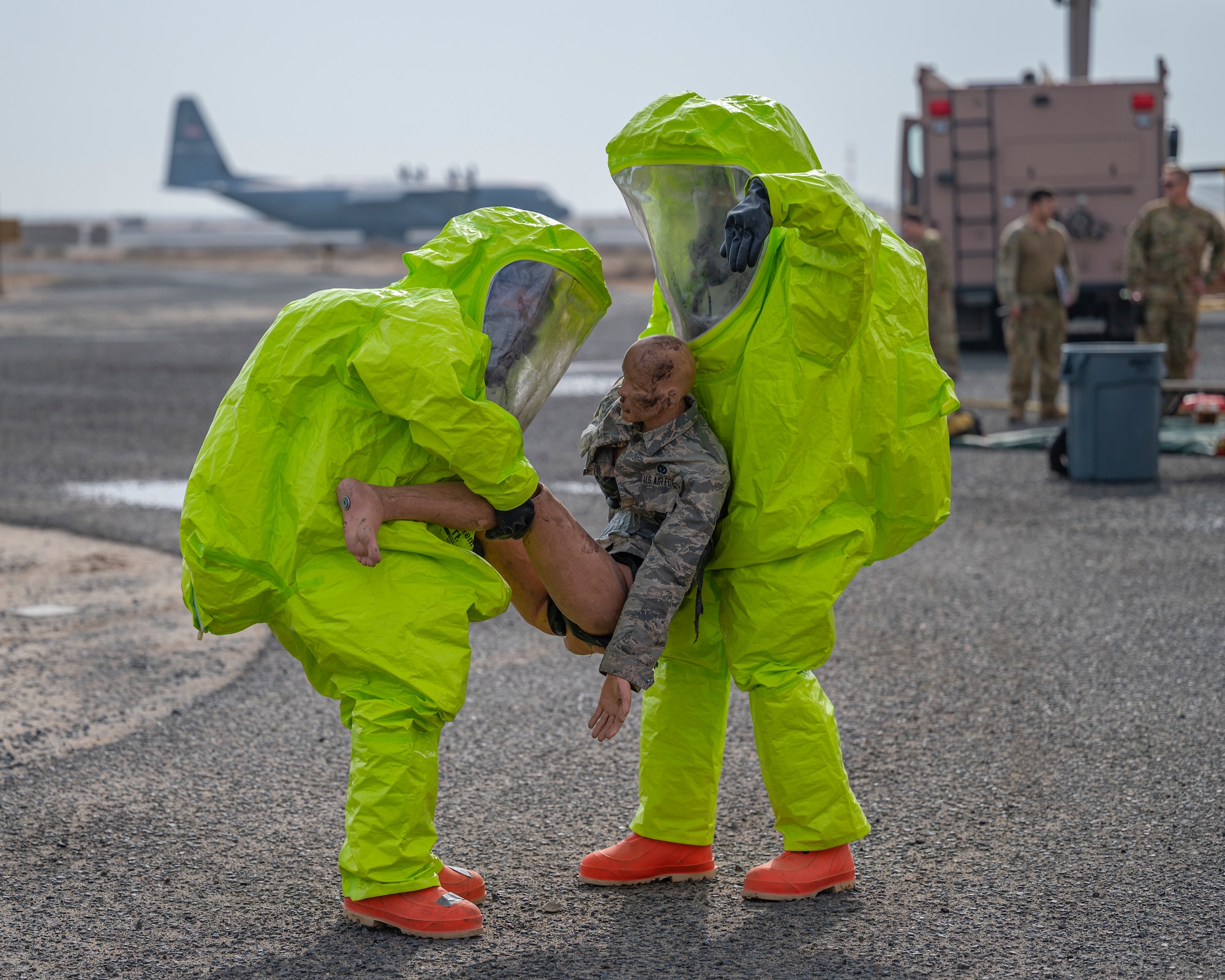 The 386th ECES Fire Department completed a practical exam for the Department of Defense HAZMAT Technician program which involved over 100 hours of instruction and 16 hours of hands-on training for each student.