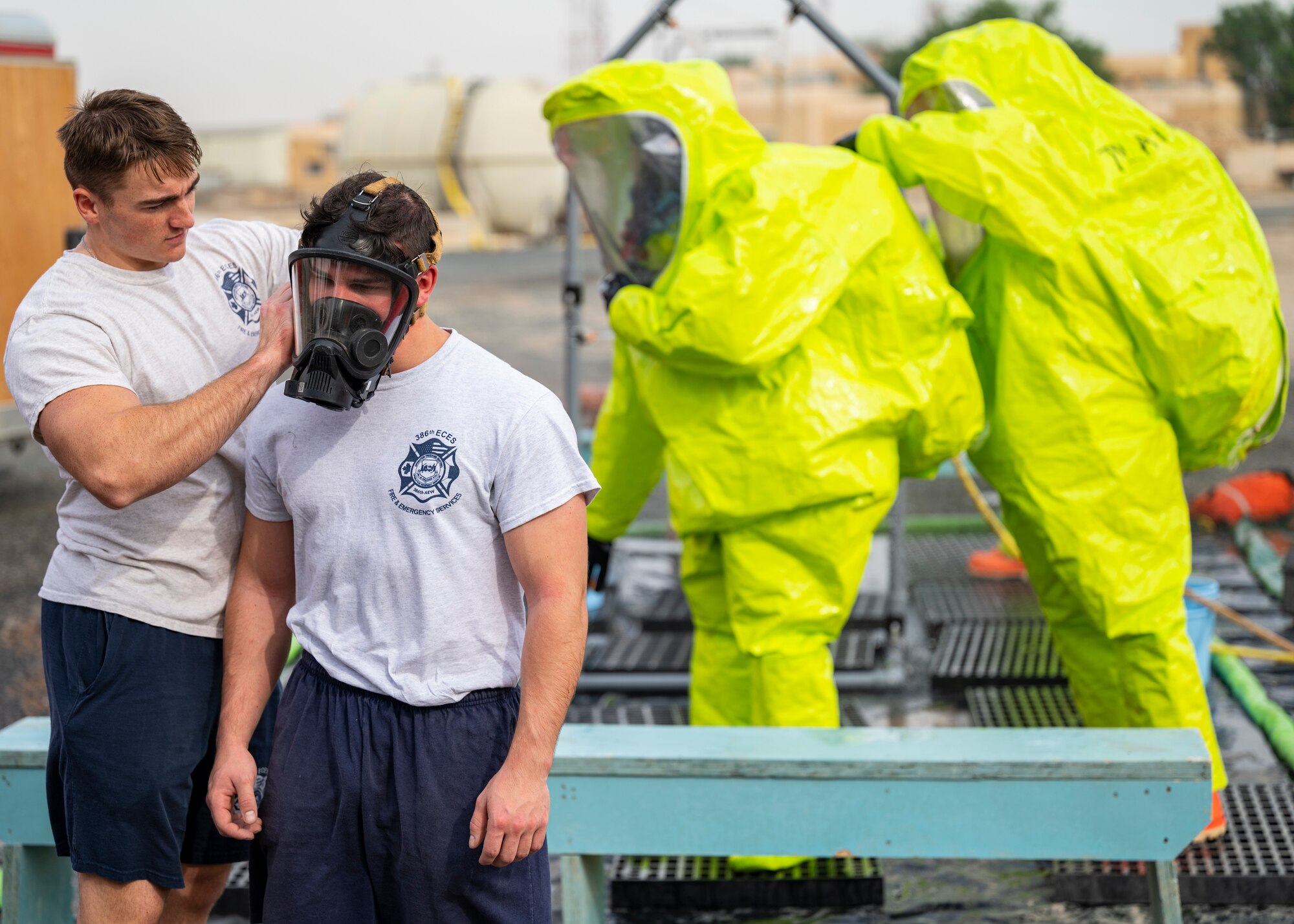 The 386th ECES Fire Department completed a practical exam for the Department of Defense HAZMAT Technician program which involved over 100 hours of instruction and 16 hours of hands-on training for each student.