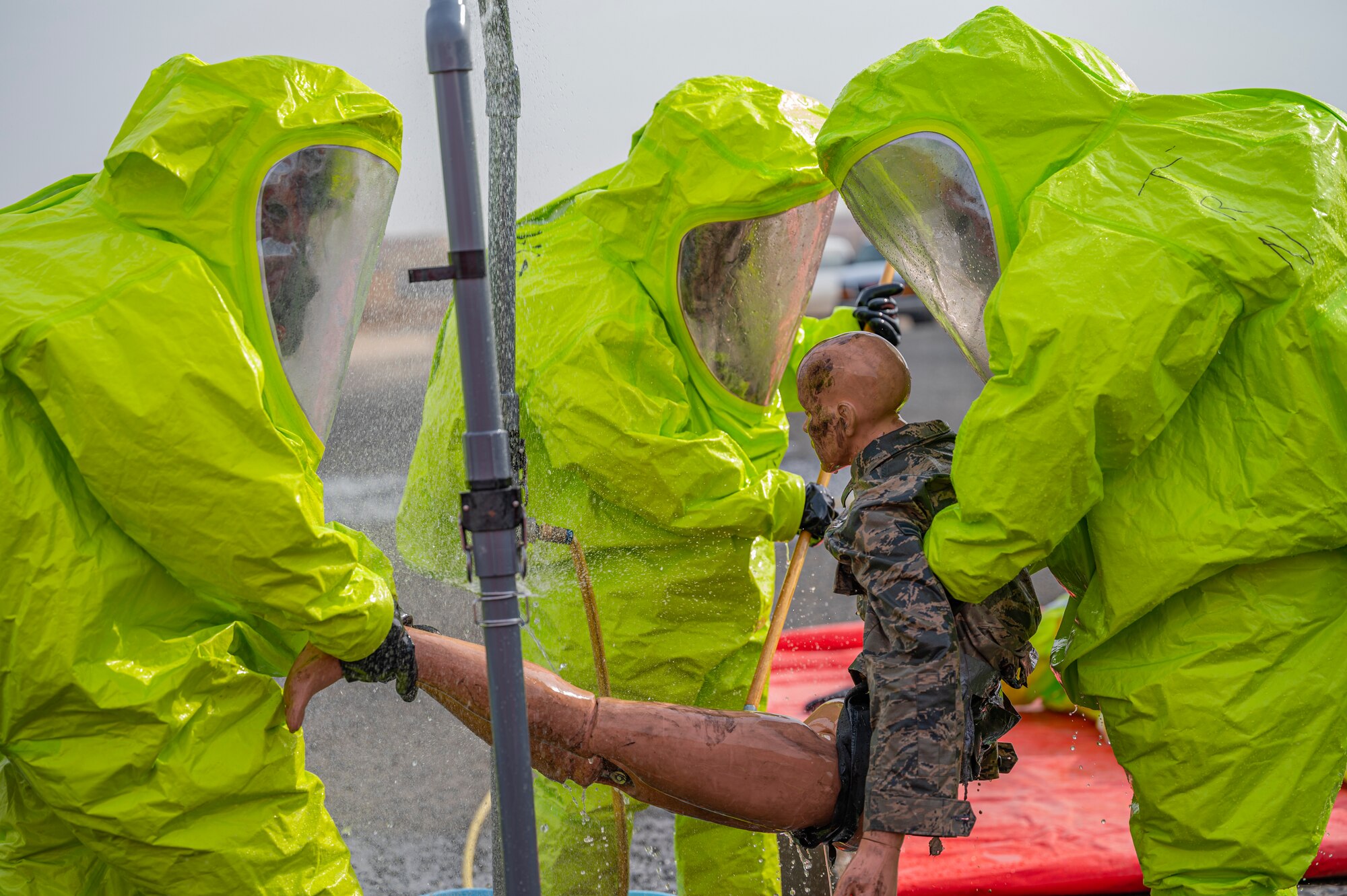 The 386th ECES Fire Department completed a practical exam for the Department of Defense HAZMAT Technician program which involved over 100 hours of instruction and 16 hours of hands-on training for each student.