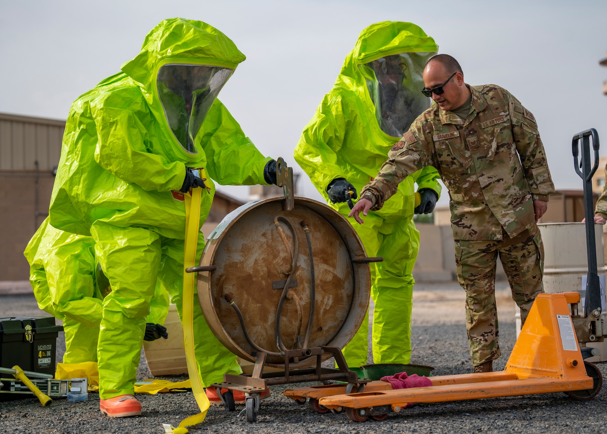 The 386th ECES Fire Department completed a practical exam for the Department of Defense HAZMAT Technician program which involved over 100 hours of instruction and 16 hours of hands-on training for each student.