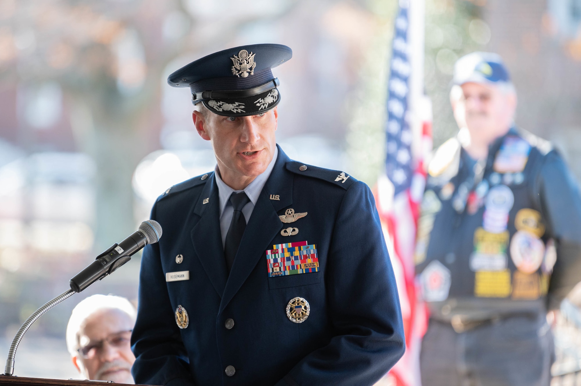 Col. Matt Husemann, 436th Airlift Wing commander, speaks at the Delaware Wreaths Across America event Dec. 13, 2021 in Dover, Delaware. After the ceremony, wreaths were laid at various war memorials in downtown Dover. (U.S. Air Force photo by Mauricio Campino)
