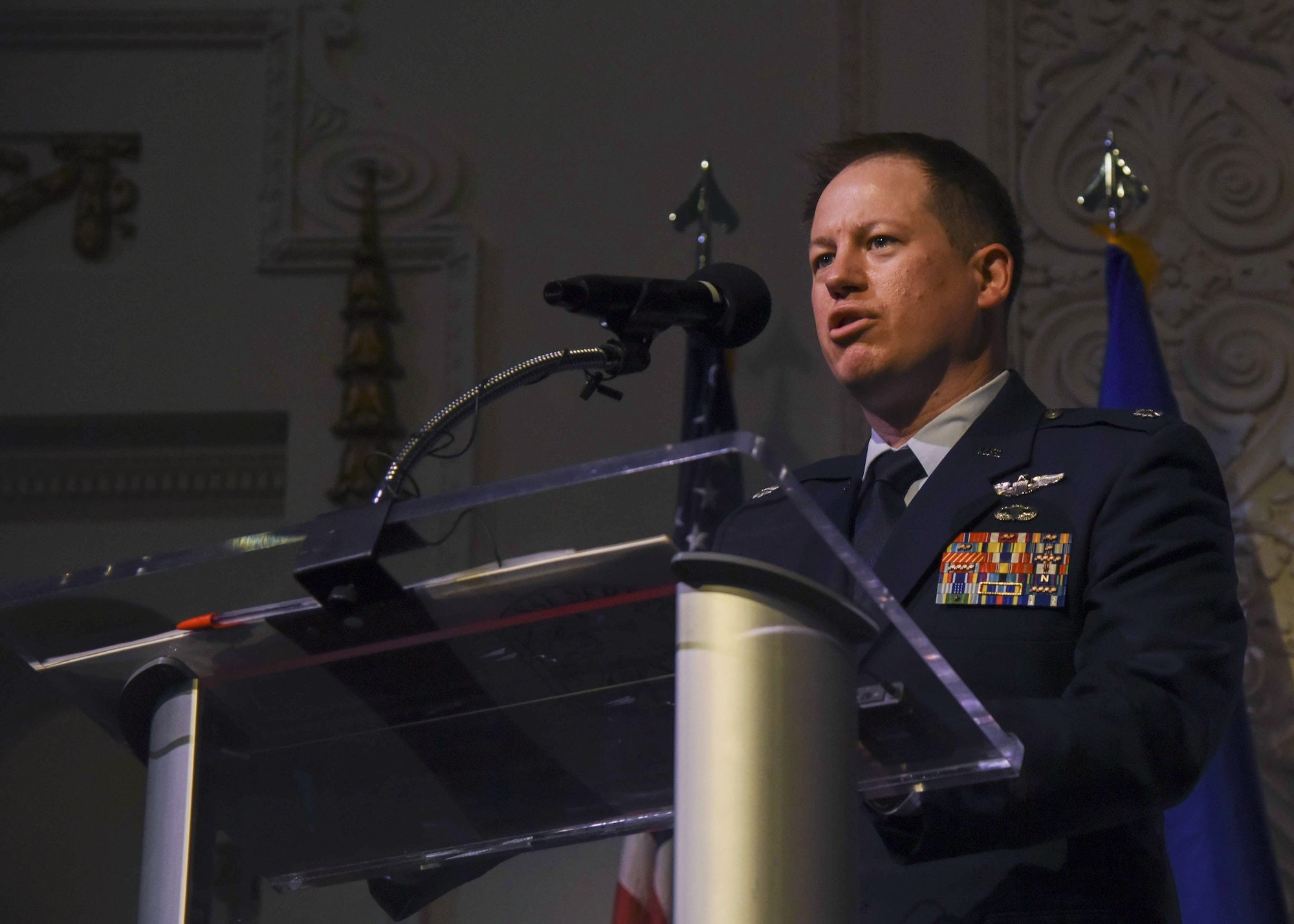 U.S. Air Force Lt Col. Patrick M. Graham, 66th Training Squadron commander, speaks about the most recent class of Survival Evasion Resistance Escape School graduates in Spokane, Washington, Dec. 17, 2021. The 336th Training Group held a graduation ceremony for its largest SERE Specialist Apprentice Course with an all-time high of 44 graduates. (U.S. Air Force photo by Airman 1st Class Anneliese Kaiser)