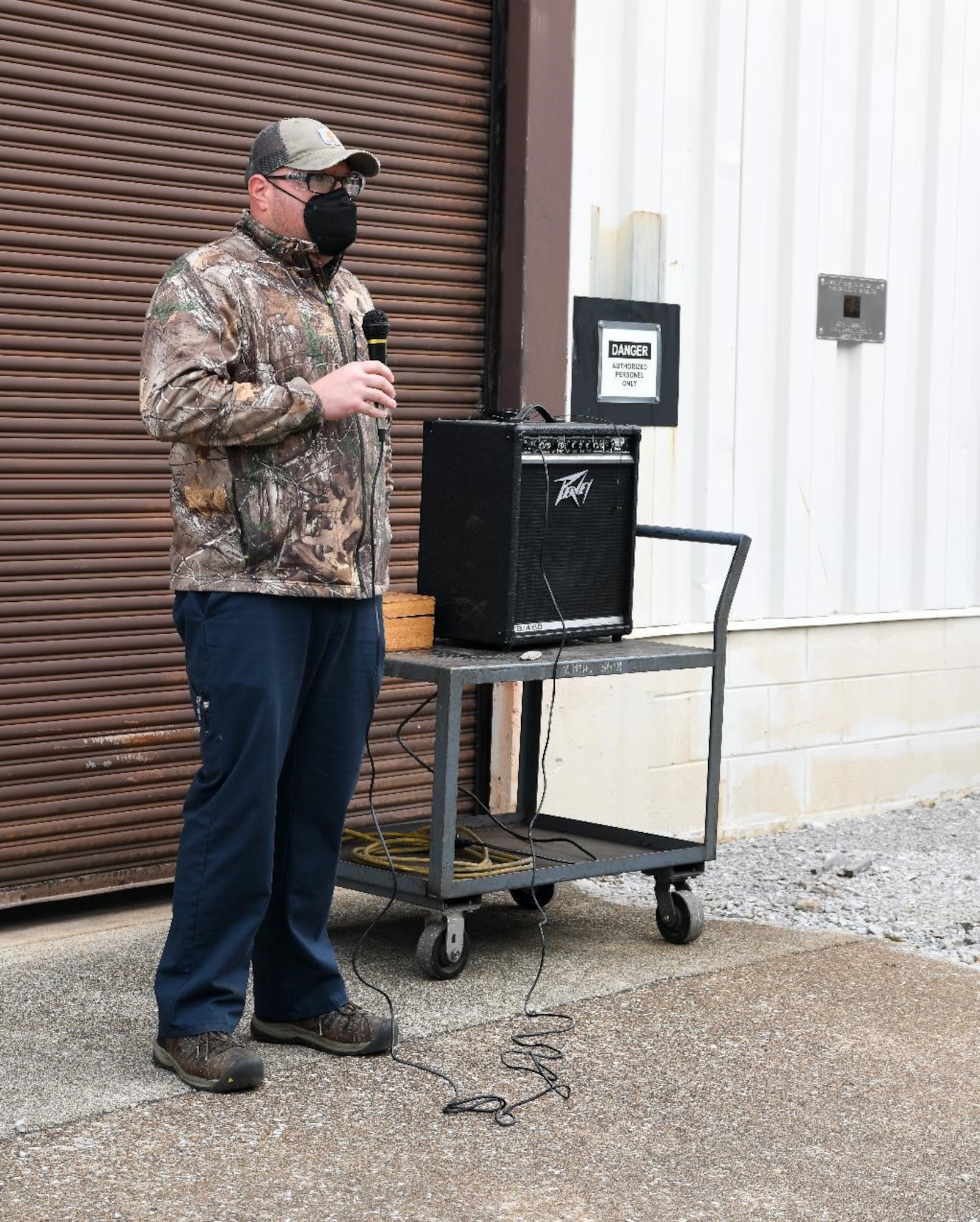 Shaun Wells, with the of the Outside Machinist Safety Leadership Committee at Arnold Air Force Base, Tenn., speaks during a memorial held in remembrance of John Hill and Alvin Overman who died 50 years ago working at Arnold Air Force Base, Tenn., Dec. 9, 2021. Hill and Overman died as a result of argon asphyxiation while working on an offline furnace. Lessons learned over the decades have improved workplace safety. (U.S. Air Force photo by Jill Pickett)