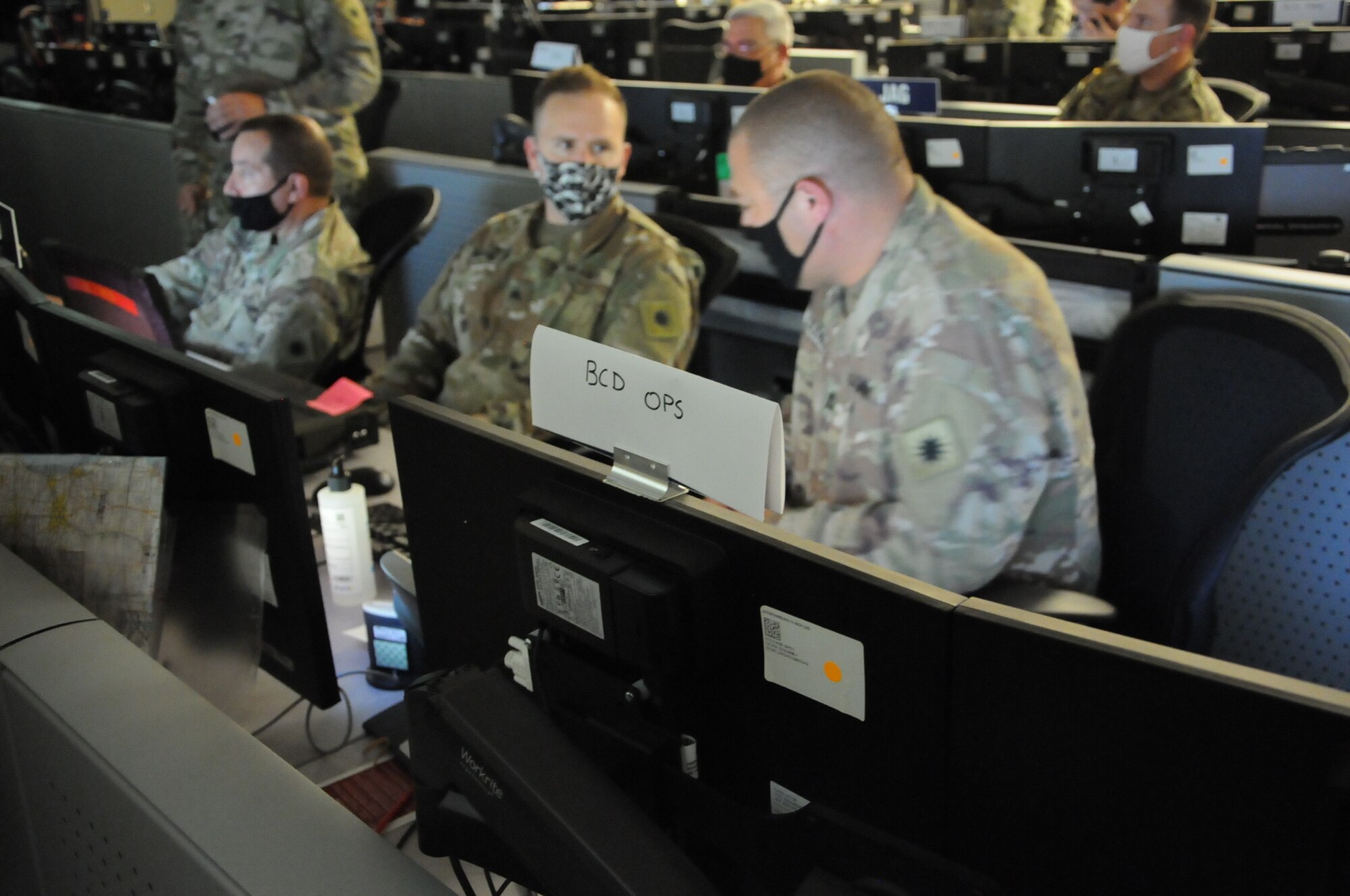 Members of the 251st Battlefield Coordination Detachment work at the 217th Air Operations Center, Battle Creek, Michigan, during exercise Northern Strike 20 (U.S. Air National Guard photo by Master Sgt. Alec Lloyd).