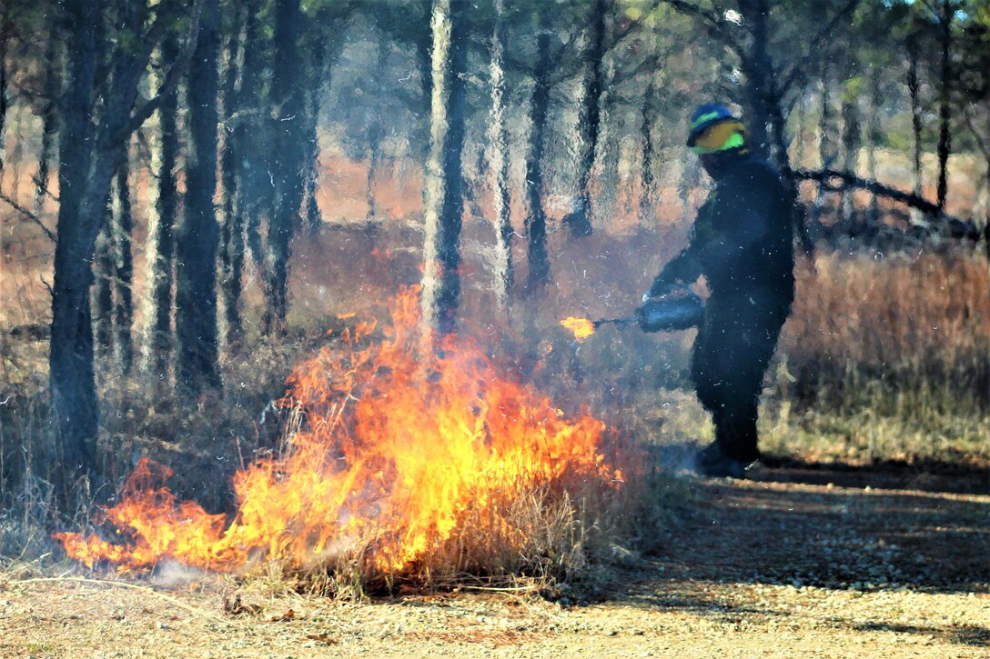 A firefighter starts a fire to control the environment in a wooded area.