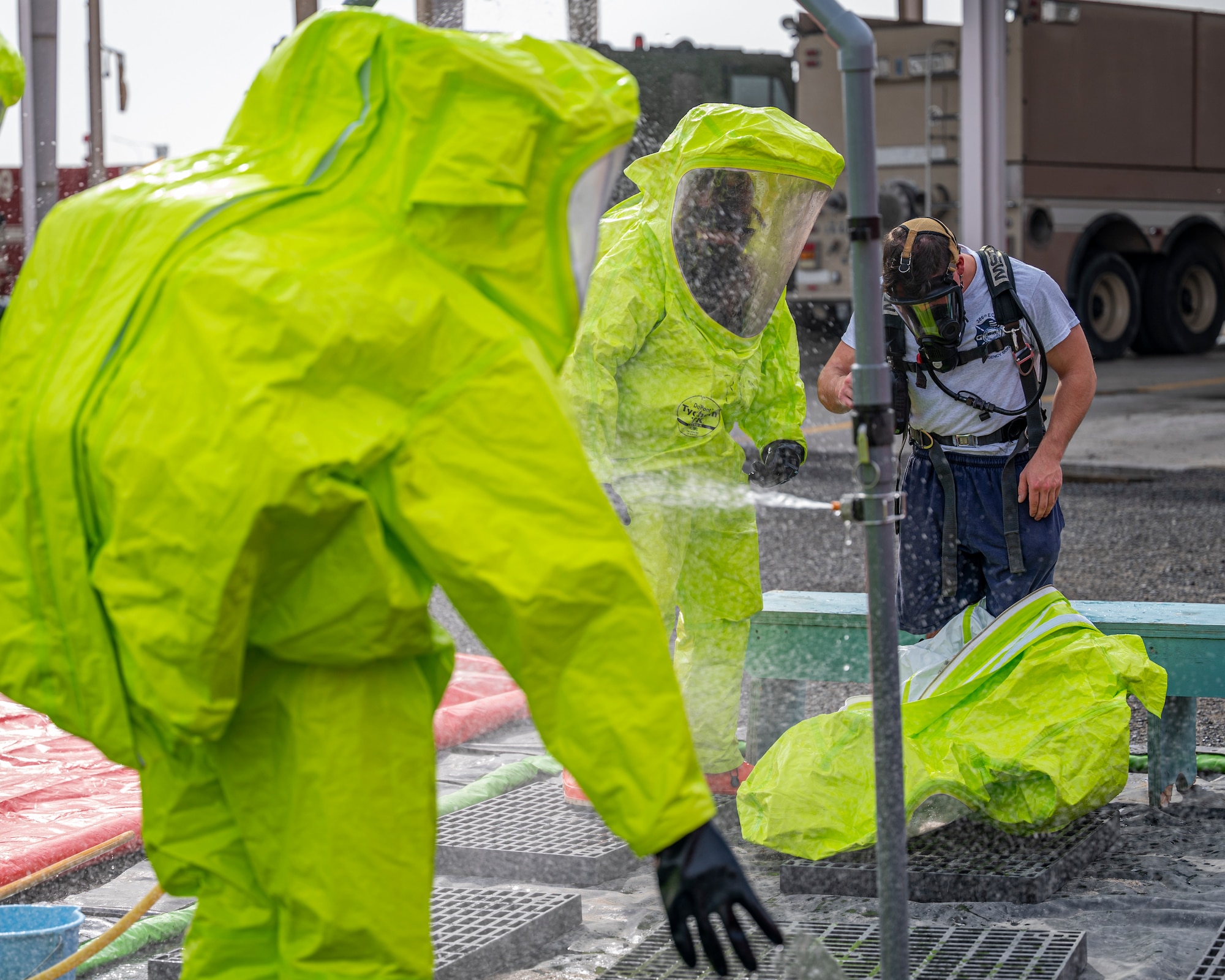 The 386th ECES Fire Department completed a practical exam for the Department of Defense HAZMAT Technician program which involved over 100 hours of instruction and 16 hours of hands-on training for each student.