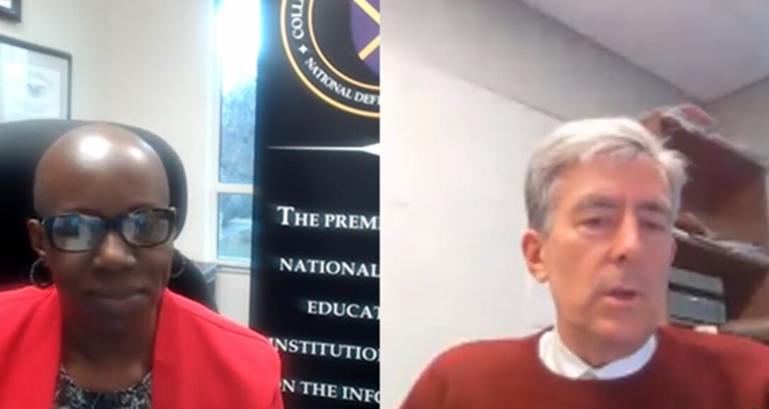 A split screen of a man and a woman is shown during a video conference.