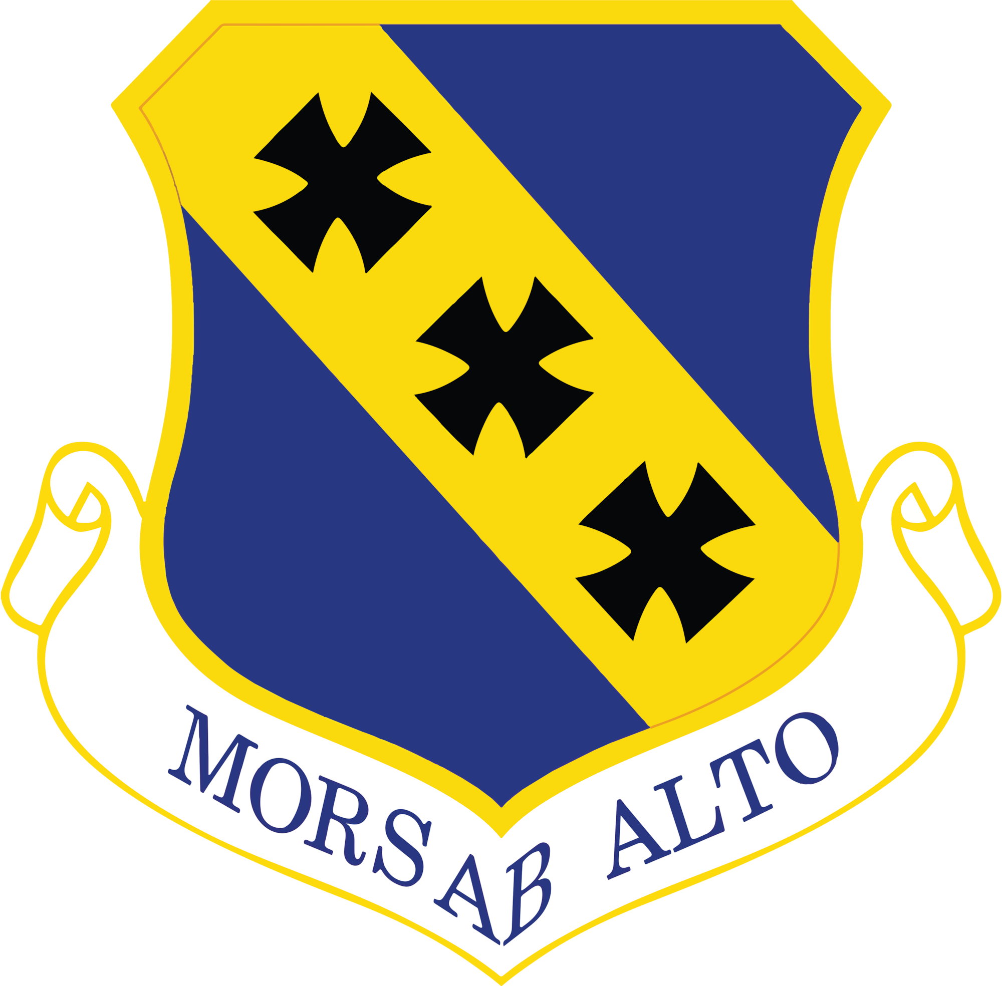 A blue shield with a yellow banner across with 3 black cross symbols. text mors ab alto along the bottom.
