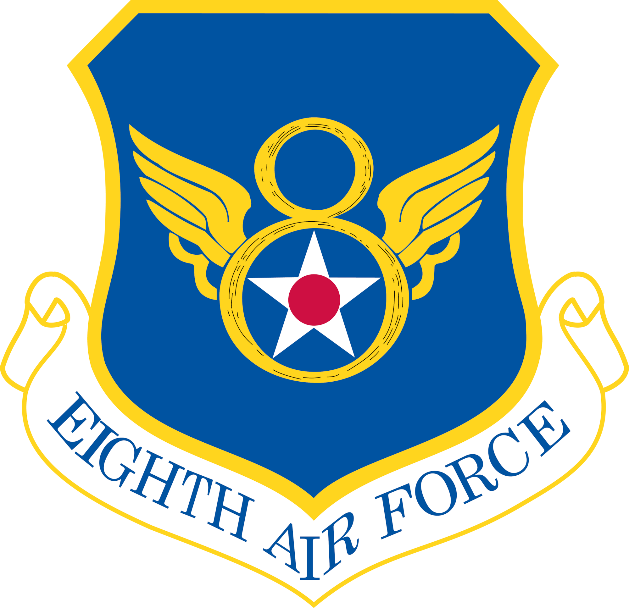 A blue shield with yellow eight with star in the bottom circle of the eight. Eighth Air Force text along the bottom.