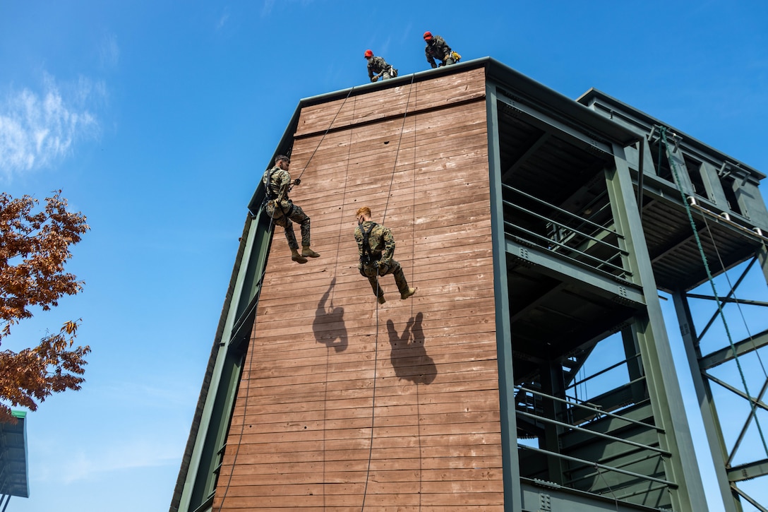 U.S. Marines with 2nd Battalion, 3rd Marines, 3rd Marine Division, rappel on a Republic of Korea Marine obstacle course during Korean Marine Exercise Program in Pohang, South Korea, Nov. 1, 2021. KMEP is a bilateral training exercise that increases interoperability and strengthens combined capabilities of the ROK and U.S. Marines. 3rd MLG, based out of Okinawa, Japan, is a forward-deployed combat unit that serves as III Marine Expeditionary Force’s comprehensive logistics and combat service support backbone for operations throughout the Indo-Pacific area of responsibility.