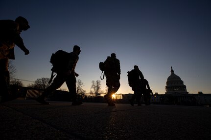 New Jersey National Guard Soldiers and Airmen from 1st Battalion, 114th Infantry Regiment, 508th Military Police Company, 108th Wing, and 177th Fighter Wing, arrive near the U.S. Capitol Jan. 12, 2021. National Guard Soldiers and Airmen from every state, territory and the District of Columbia traveled to Washington to support federal and district authorities for the 59th Presidential Inauguration.