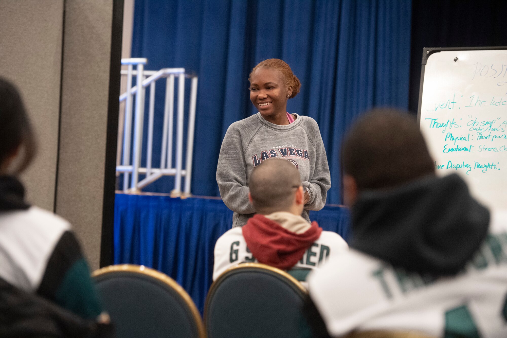 Tech. Sgt. Jamie Arline, 607th Air Operations Center, non-commissioned Officer in-charge analyst technician, teaches a positive thinking lesson during a Decompression Day event, Dec. 4, 2021 at Osan