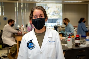 United States Air Force Academy microbiology Maj. Erin Almand is using an Edison Grant to research menstrual products used by military women and advance what is known about toxic shock syndrome. (U.S. Air Force photo by Trevor Cokley)