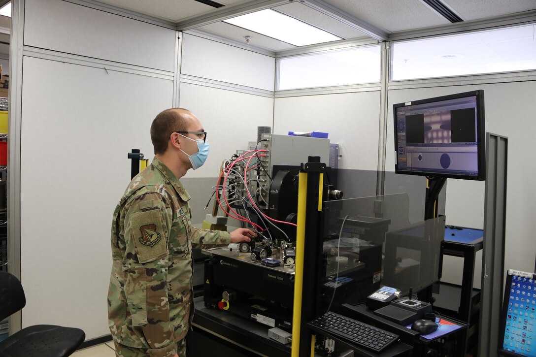 First Lt. Jeremiah Williams of the Air Force Research Laboratory’s Sensors Directorate is using an Edison Grant to lead experiments with Gallium Oxide, a material that may improve the performance of power switches. The Edison Grant is an initiative to increase the technical proficiency of our Airmen and Guardians by funding highly-focused, military-led, research through small, short, and rigorous experiments in a risk-tolerant environment. (U.S. Air Force photo by Michael Ross)