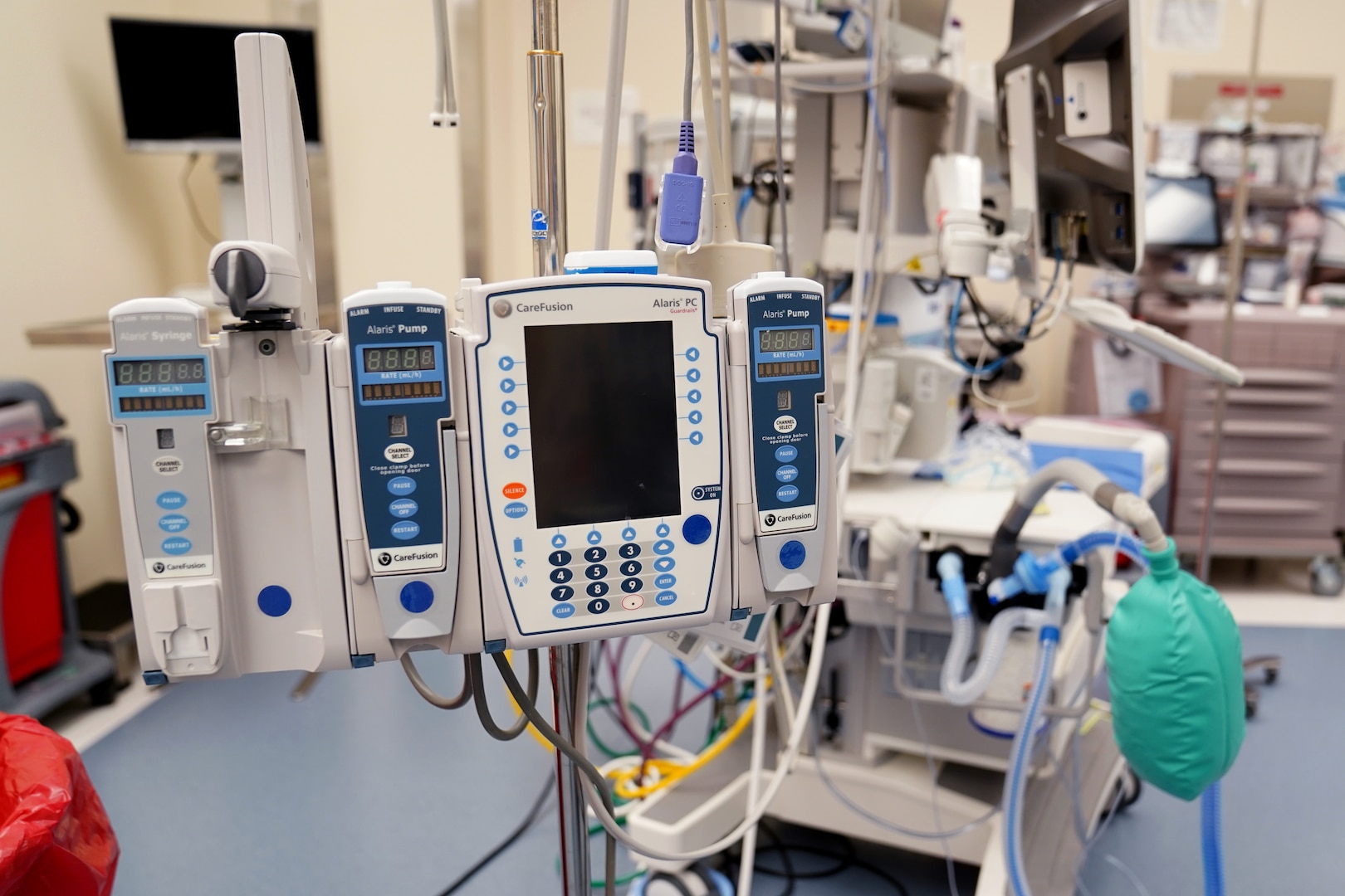 Surgical equipment is displayed inside the inside Keesler Medical Center operating room at Keesler Air Force Base, Mississippi, December 21, 2021. The equipment was used by Keesler's Pulmonary Critical Care Clinic to perform the first airway stent procedure in the Air Force. (U.S. Air Force photo by Senior Airman Seth Haddix)