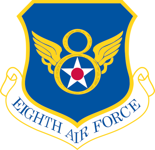 A blue shield with yellow eight with star in the bottom circle of the eight. Eighth Air Force text along the bottom.