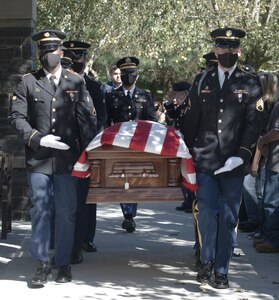 New York Army National Guard Honor Guard Soldiers carry the casket of Cpl. Walter Smead, a Soldier killed during the Korean War, during his funeral at Gerald B.H. Solomon Saratoga National Cemetery in Schuylerville, New York, Sept. 20, 2021.  Smead was declared missing in action during the Korean War.