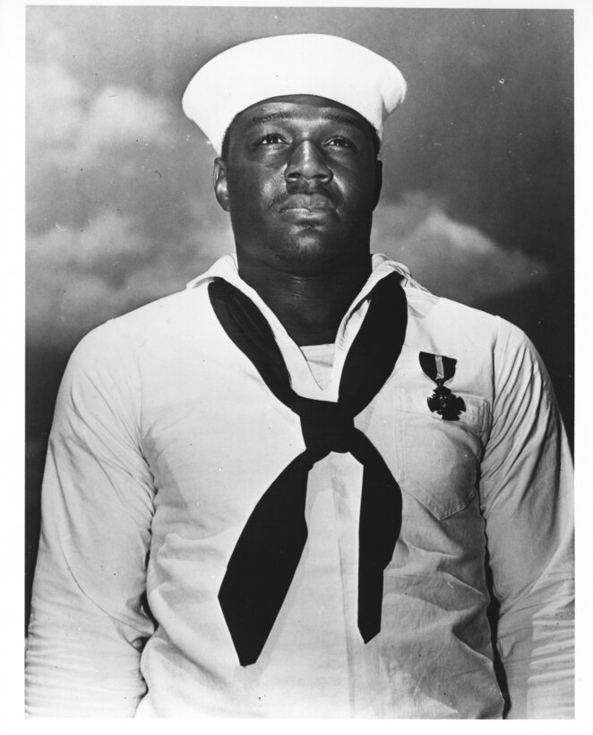 Close up of Doris Miller showing Navy Cross received in ceremony at Pearl Harbor.