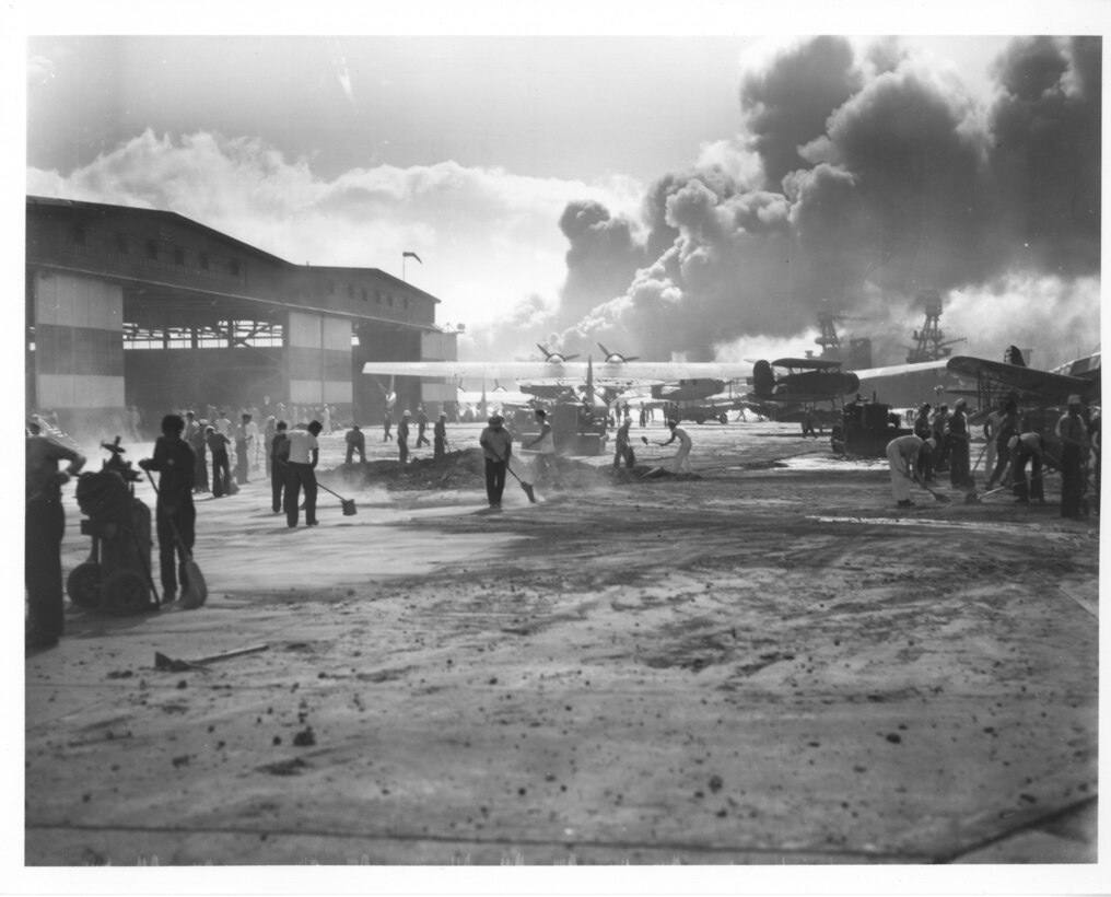 Damage at NAS Pearl Harbor after Japanese attack, Dec. 7 1941. Photo courtesy of the U.S. National Archives and Records Administration.