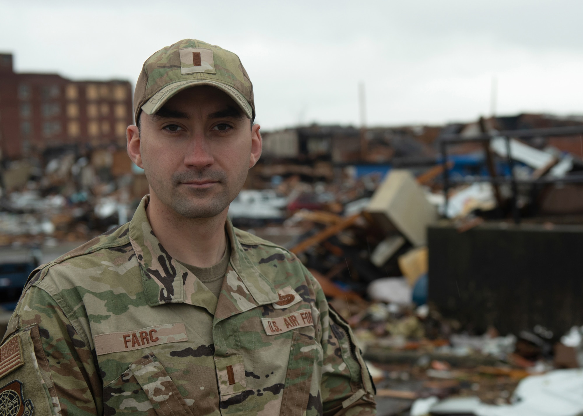 2nd Lt. David Farc, operations officer for the Kentucky Air National Guard’s 123rd Security Forces Squadron, was one of 17 defenders who deployed from Louisville, Ky., to Mayfield, Ky., Dec. 12, 2021, following a Category 5 tornado that leveled much of the town. (U.S. Air National Guard photo by Staff Sgt. Clayton Wear)
