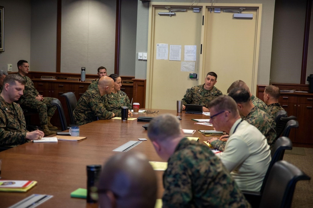 Col. Andrew Shriver, Assistant Chief of Staff, G-8, discusses force design and establishing a crisis response force Dec. 14, 2021, at Marine Corps Support Facility New Orleans. II MEF and MARFORRES are the Marine Corps’ service-retained forces administratively and operationally controlled by the Marine Corps instead of a combatant command, such as most Marines stationed in California and Japan who are aligned to support U.S. Indo-Pacific Command. The planning team is designing an active and Reserve contingency response force that could go anywhere worldwide outside the Indo-Pacific Command area of responsibility at a moment’s notice during a crisis. MARFORRES and II MEF are the Marine Corps’ service-retained forces, which means they are administratively and operationally controlled by the Marine Corps.