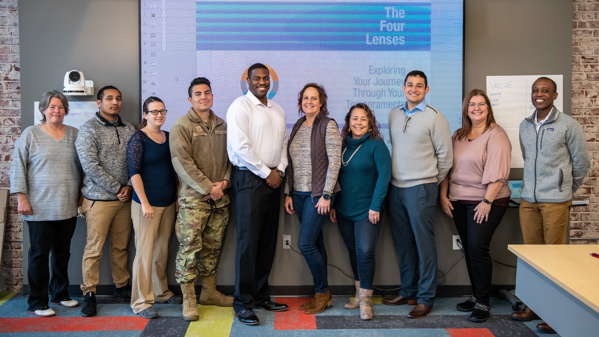 Members of the 22nd Contracting Squadron and McConnell Air Force Base Airman and Family Readiness Center pose for a photo during a Four Lenses training event Dec. 23, 2021, at the Greater Wichita Partnership in downtown Wichita, Kansas.