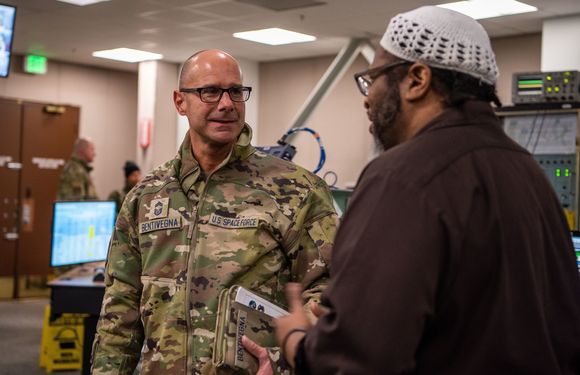 Chief Master Sgt. John Bentivegna, Space Operations Command senior enlisted leader, visits the 23rd Space Operations Squadron, at Thule Air Base, Greenland, Dec. 17, 2021. CMSgt Bentivegna and the SpOC command team traveled to Thule to meet with Airmen and Guardians from the 821st Air Base Group, 23rd Space Operations Squadron and the 12th Space Warning Squadron to gain a better understanding of their current challenges and successes as Department of Defense’s northern most installation located 750 miles north of the Arctic Circle and only 947 miles south of the North Pole. Other areas discussed throughout the visit included initiatives to improve Thule’s Air Force Research Laboratory, Low-Earth Orbit, Starlink terminals, Communications Satellite upgrades, and support for U.S. Northern Command events in the Arctic. (U.S. Space Force photo by Master Sgt. Sara Keller)