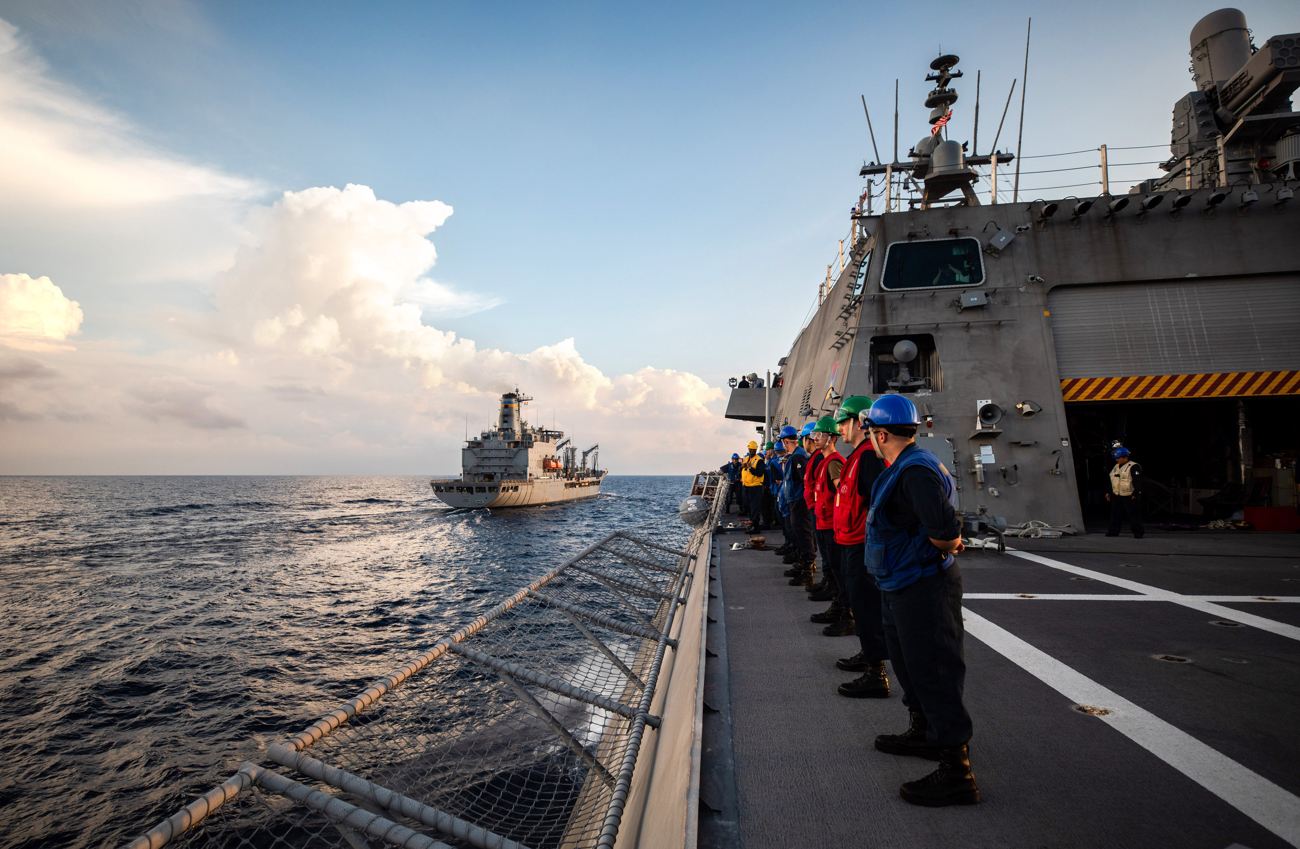 The Independence-variant littoral combat ship USS Tulsa (LCS 16) approaches the fleet replenishment oiler USNS Yukon (T-AO 202) for a replenishment-at-sea.