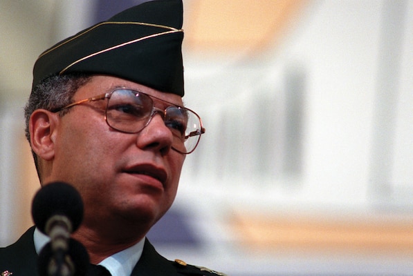 General Colin Powell, Chairman of the Joint Chiefs of Staff, delivers remarks at Sunset Ceremony for Pearl Harbor survivors at Arizona Memorial Visitors Center, commemorating 50th anniversary of Japanese attack on Pearl Harbor, December 7, 1991 (DOD/Gloria Montgomery)