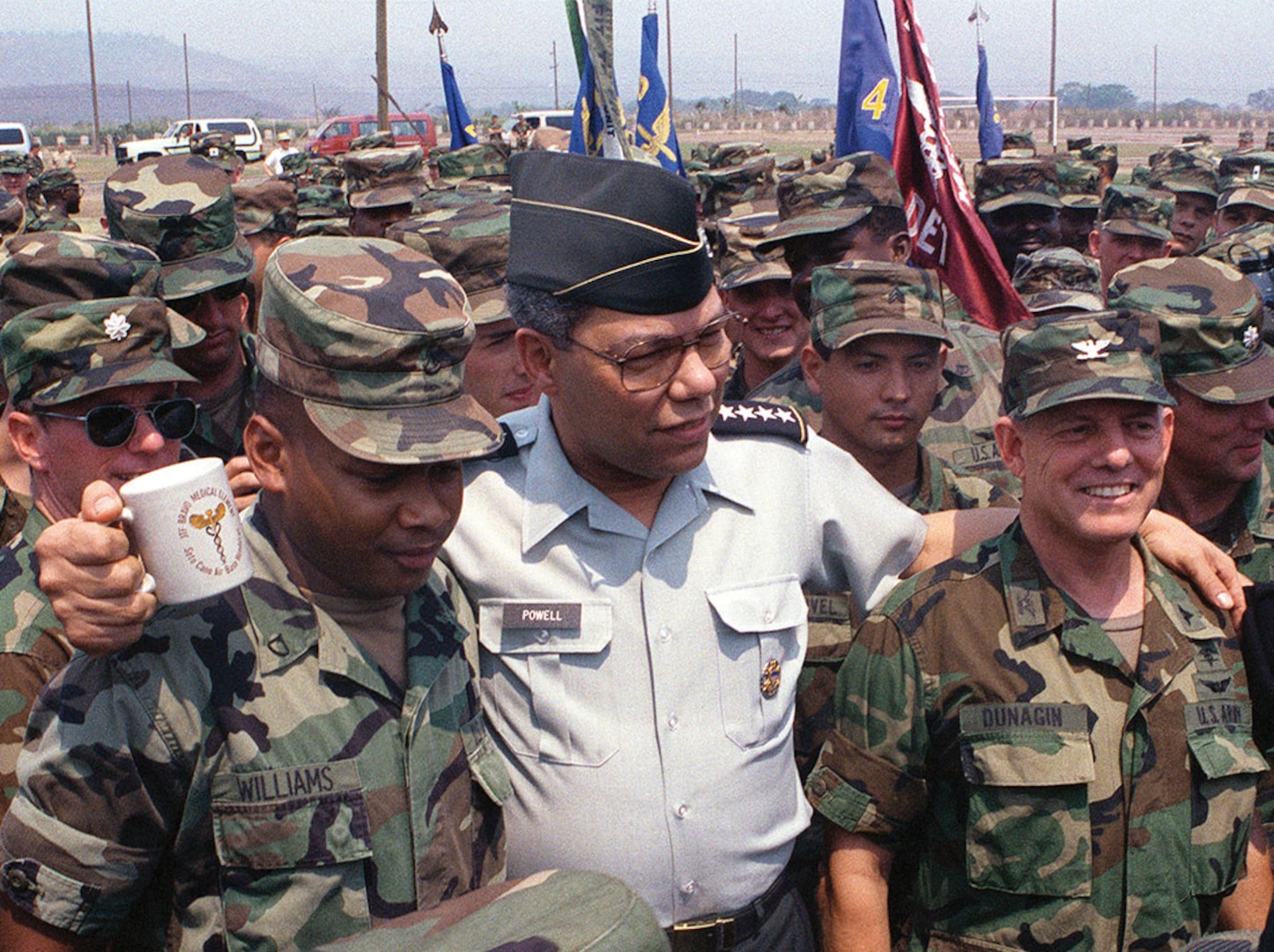 General Powell with Soldiers from Joint Task Force B during exercise Fuertes Caminos ’91, in Honduras, April 1, 1991 (DOD/National Archives and Records Administration/Pablo Tola)