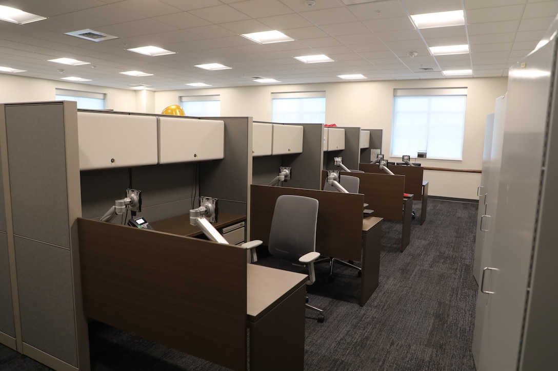 Workstations for servicemen and women in the new indoor firing range at Minot Air Force Base, North Dakota, December 15, 2021.