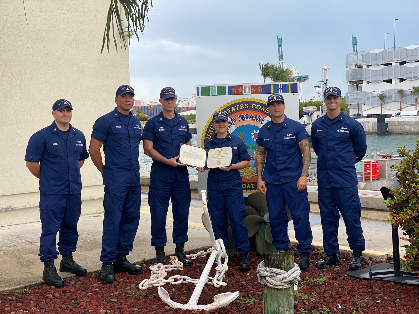 Petty Officer 1st Class Melissa Lopez del Castillo stands with her crewmembers at Station Miami Beach, Fla. Photo courtesy Petty Officer 1st Class Melissa Lopez del Castillo.