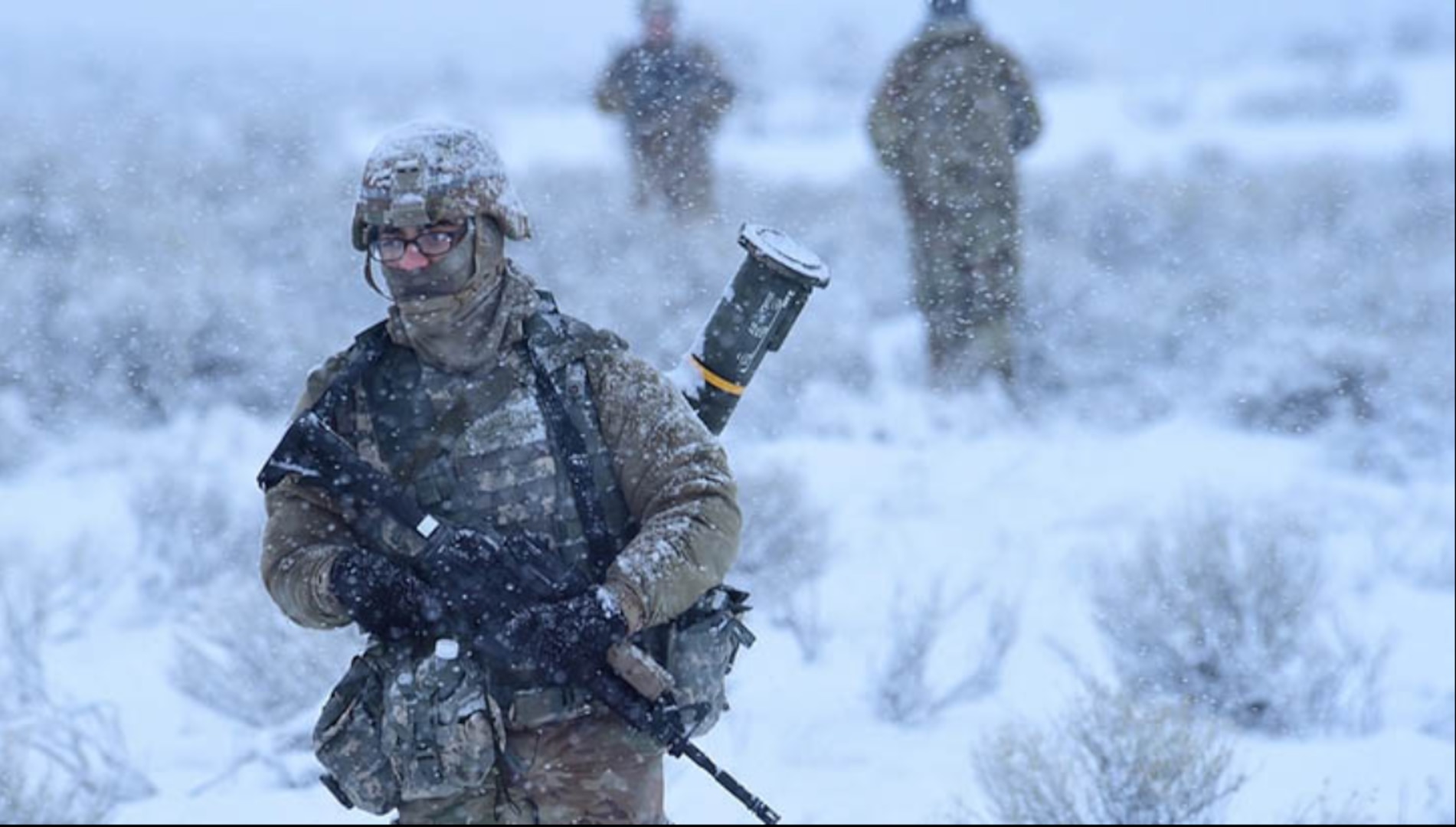 Soldiers from Charlie Company, 2-116th Cavalry Brigade Combat Team, Idaho Army National Guard, practice combined arms battalion, squad-level infantry movements on the Orchard Combat Training Center, Jan. 20, 2019. The training combined dry-fire rehearsal culminating in a live-fire exercise (Photo by: Thomas Alvarez, Idaho Army National Guard)