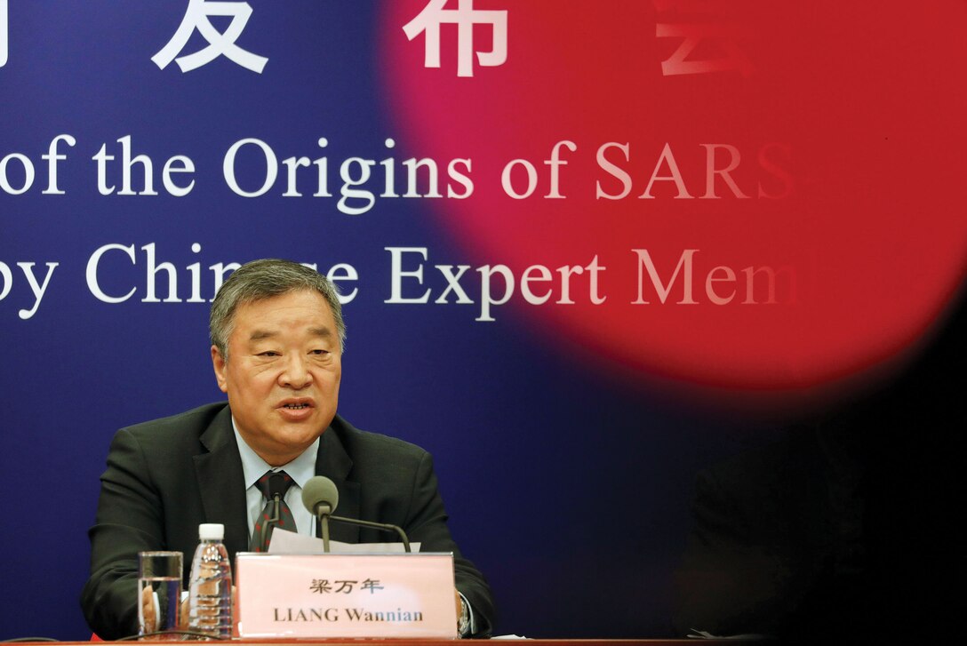 Liang Wannian, co-leader of World Health Organization–China joint expert team, attends news conference in Beijing, March 31, 2021, on WHO-China study on origins of COVID-19 (Reuters/Thomas Suen)