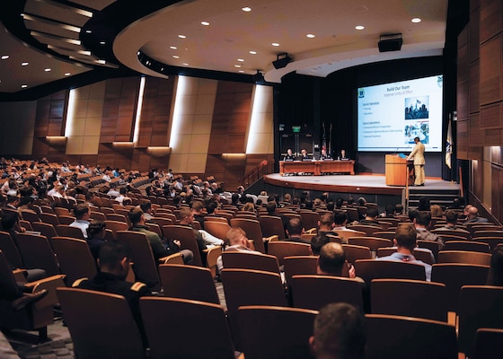 Naval War College students in National Security Affairs Department participate in Theater Security Decision Making Final Exercise in Spruance Auditorium, November 6, 2019, in Newport, Rhode Island (U.S. Navy/Tyler D. John)