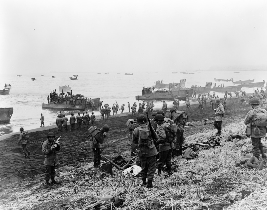 Soldiers with Southern landing force on beach at Massacre Bay