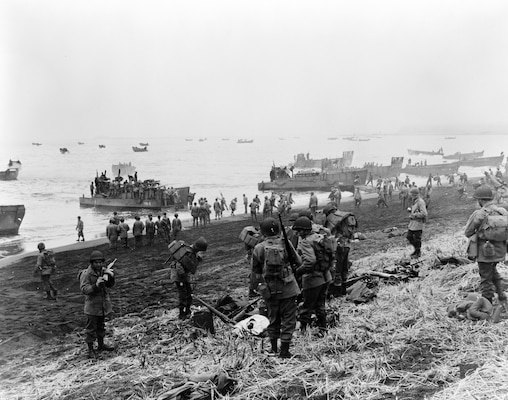 Soldiers with Southern landing force on beach at Massacre Bay, Attu Island, Aleutian Islands, May 11, 1943 (U.S. Navy/Library of Congress)